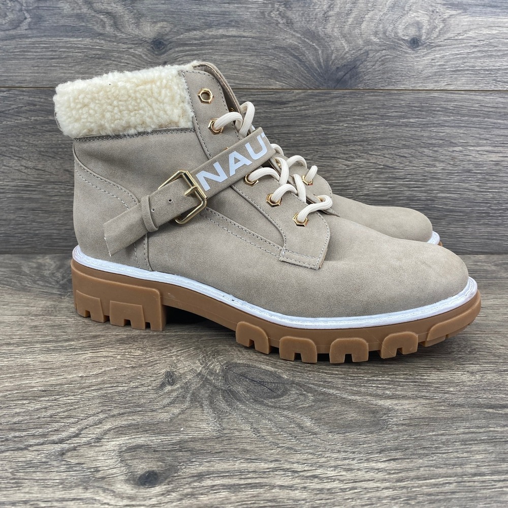 Nautica Evona Combat Boots Womens 8 Taupe Faux Shearling Lug Sole Buckle Strap